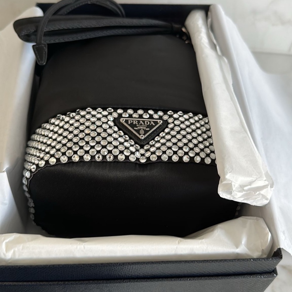 Prada Drawstring Pouch Black Nylon Crystals Bag Rhinestones Triangle  black